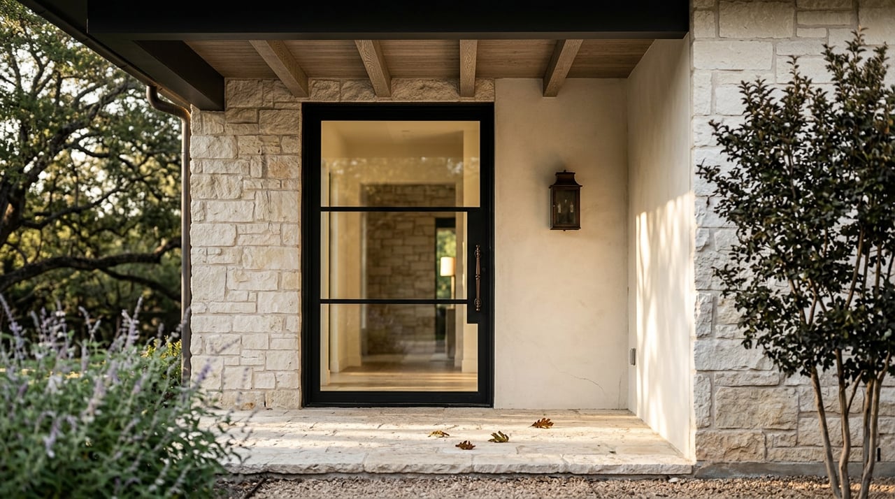Pale limestone entry with black steel-framed glass doors, bronze pull, and oak beams overhead.