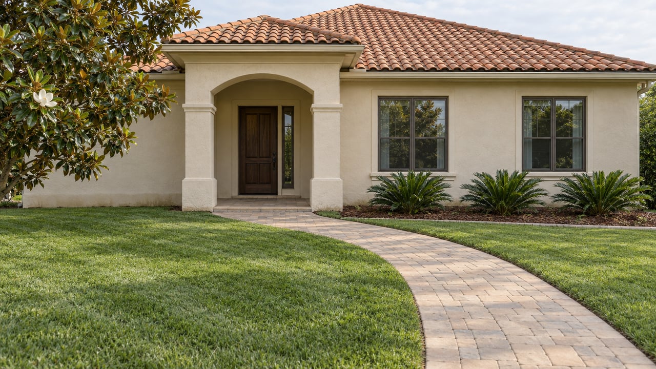Ivory stucco home with terracotta roof, arched entry, curved paver approach and a deep green lawn beneath soft daylight.