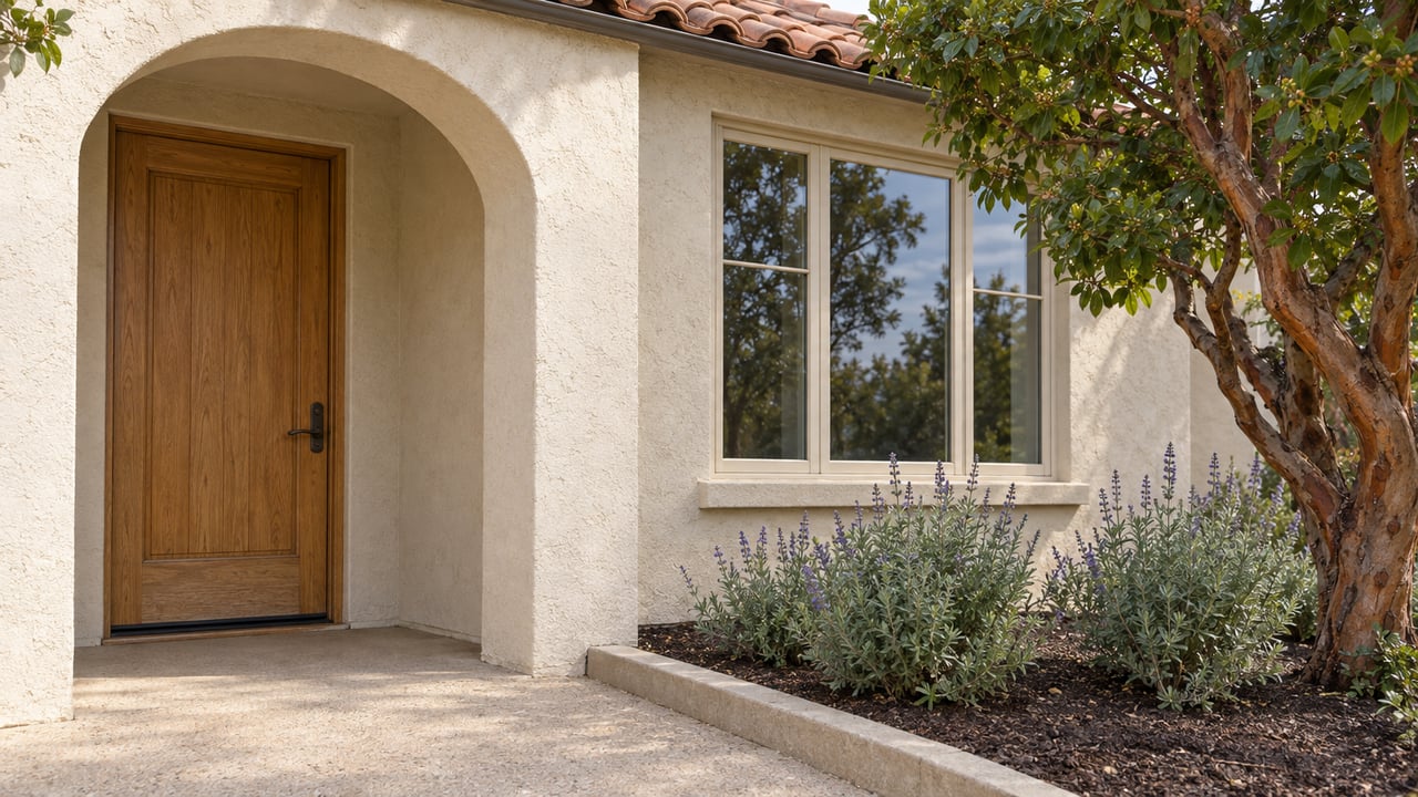 Close view of an ivory stucco home entrance with a clay tile eave, recessed oak door, cream-framed window and planted bed beside a concrete landing.