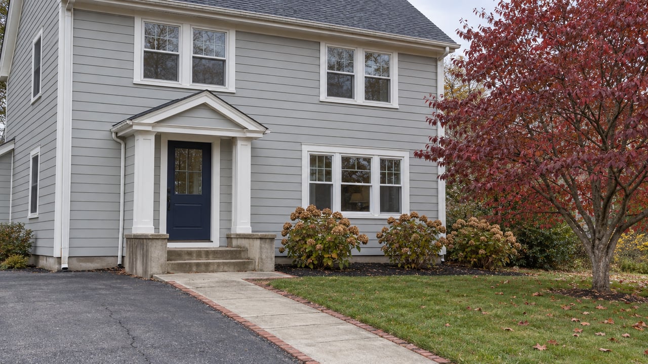 Light gray gable house with a navy entry door, concrete walk, and burgundy dogwood foliage in soft autumn daylight.