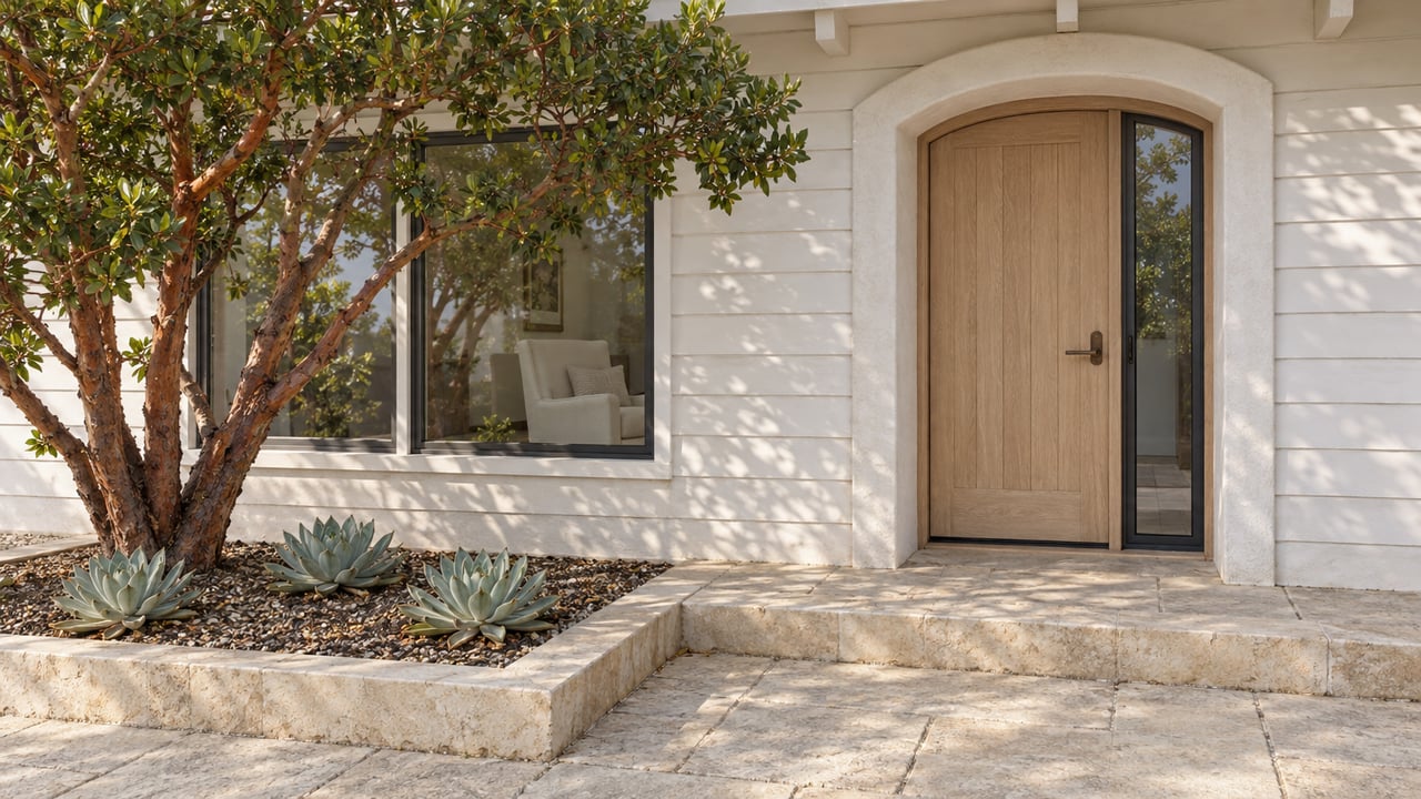 White cottage entry with an arched oak door, limestone terrace, and a sculptural strawberry tree in a raised stone-edged planting bed.