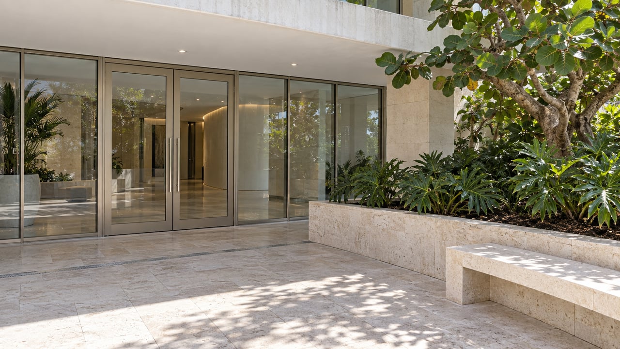 Shaded limestone entrance terrace with glass condominium doors, a pale stone seat, and a sea grape tree in a raised planter.