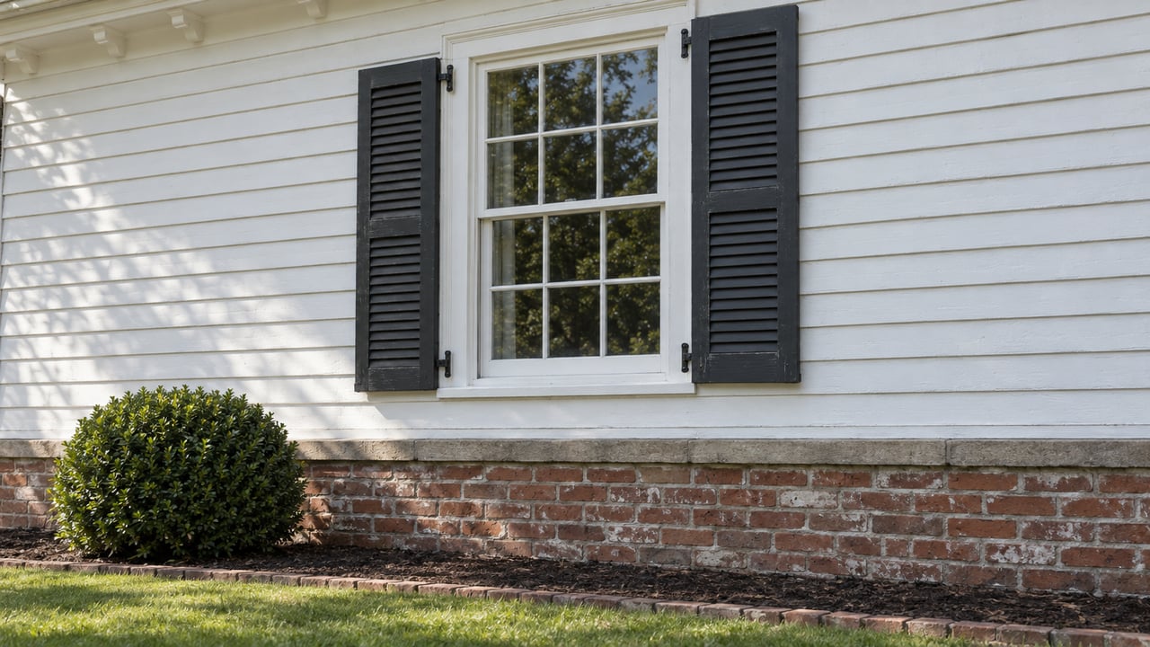 White clapboard facade with a six-over-six window, charcoal shutters, and a red brick foundation.