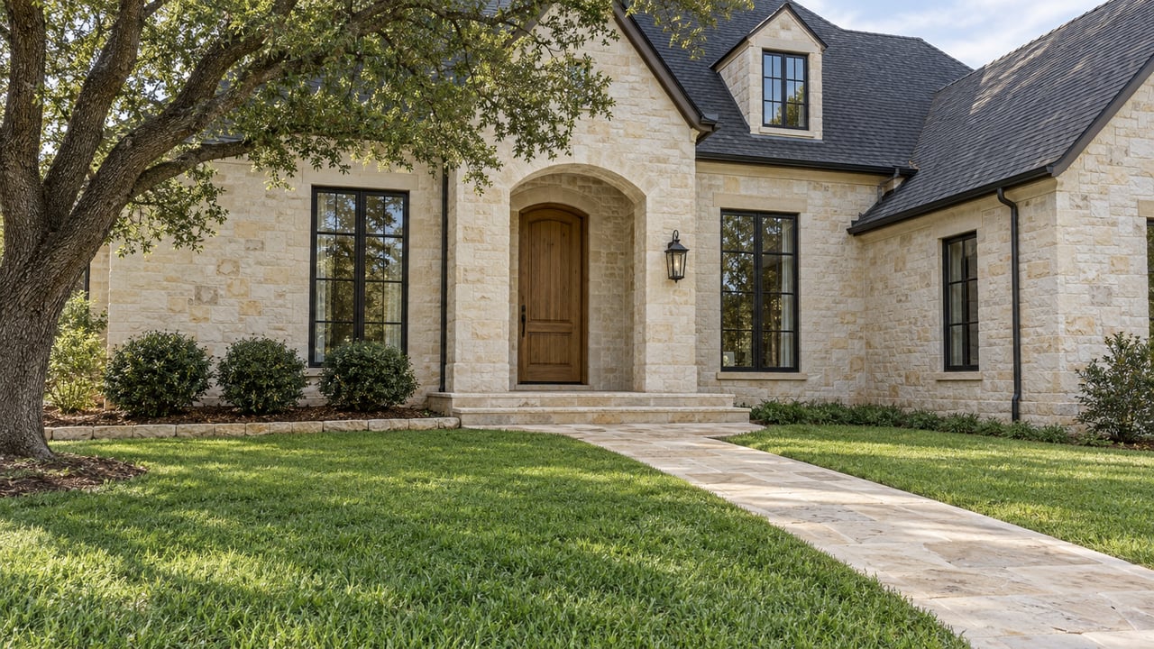 Cream limestone home with an arched oak entry, black-framed windows, broad front lawn and a gently curving stone approach beneath a mature live oak.