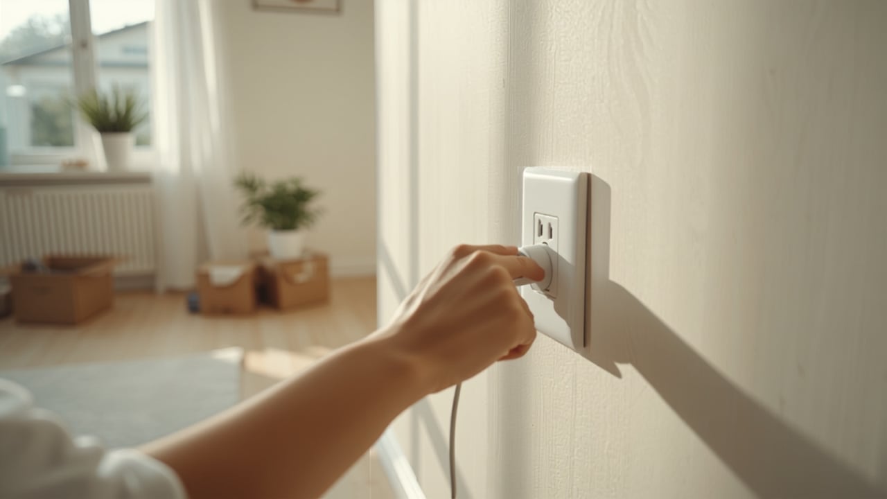 A hand plugs a cord into a wall outlet in a sunlit room with moving boxes.
