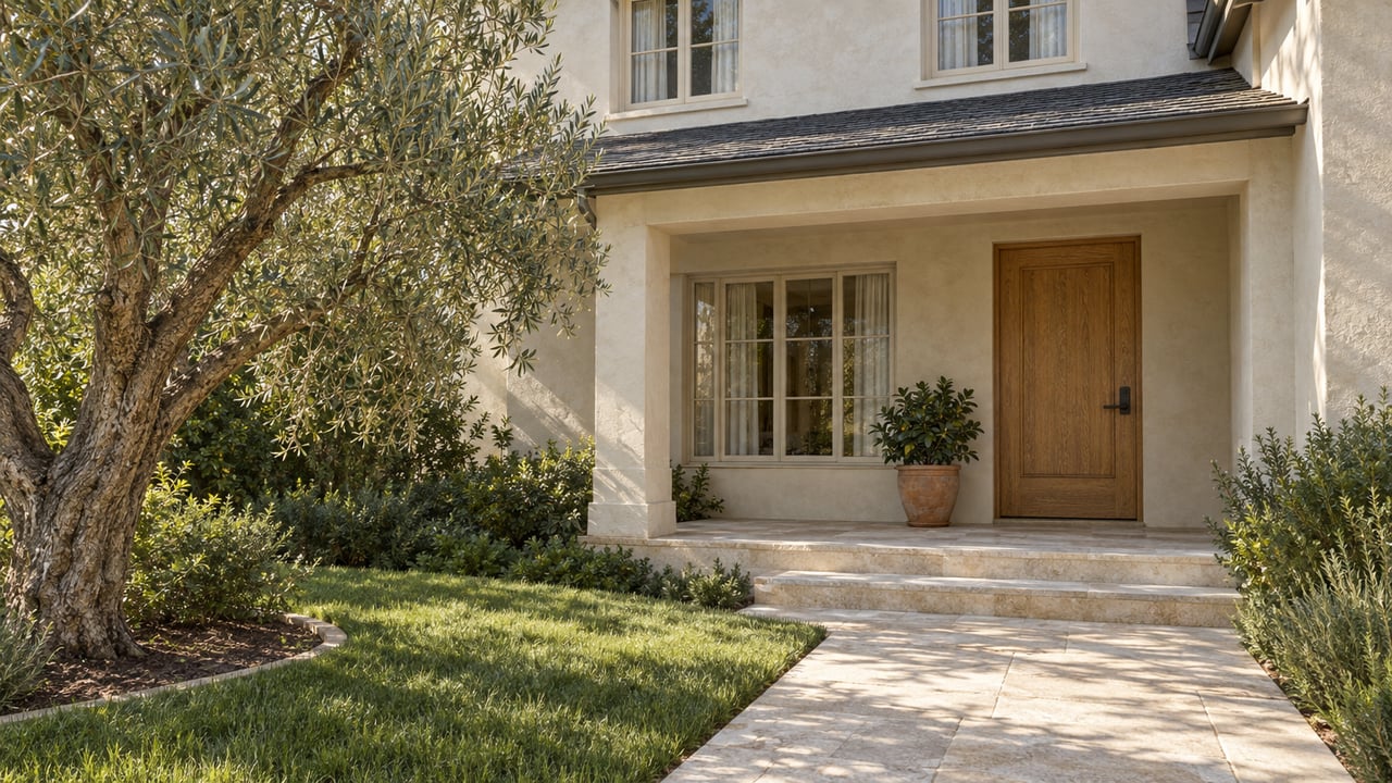 Morning light crosses a limestone garden path toward an ivory stucco home with an oak front door and olive tree.