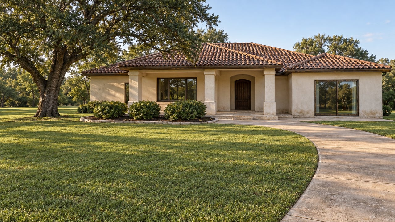 A low stucco home with a terracotta roof and shaded porch stands beyond an expansive green lawn beside a spreading live oak.