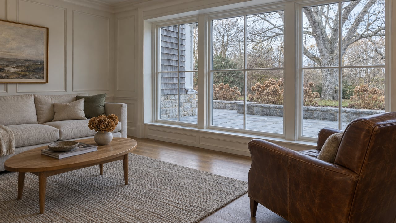 Paneled living room with oak floors, a leather armchair and a broad window bay overlooking a granite terrace and winter garden.