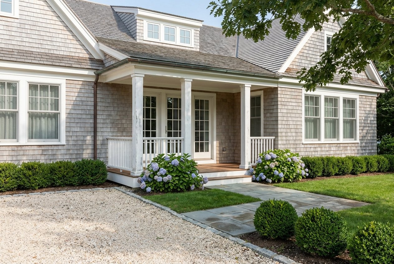 Shingle-style coastal home with porch columns, French doors, hydrangeas, and oak shadows.