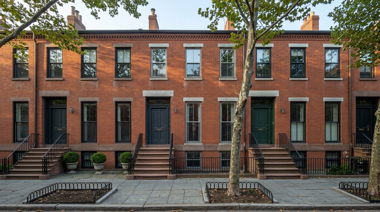 Attached brick rowhouses with brownstone stoops, iron rails, and street trees lining the sidewalk.