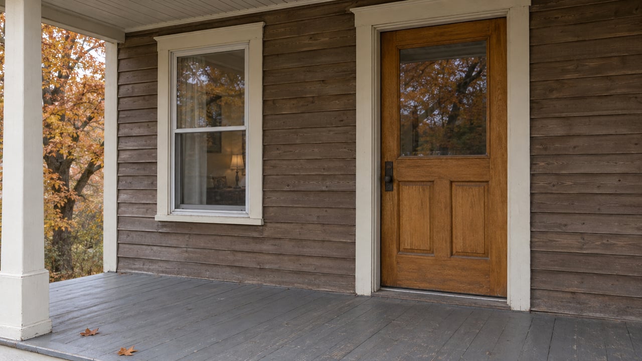 Covered front porch with weathered cedar siding, a wood entrance door, ivory window trim, and autumn maple leaves.
