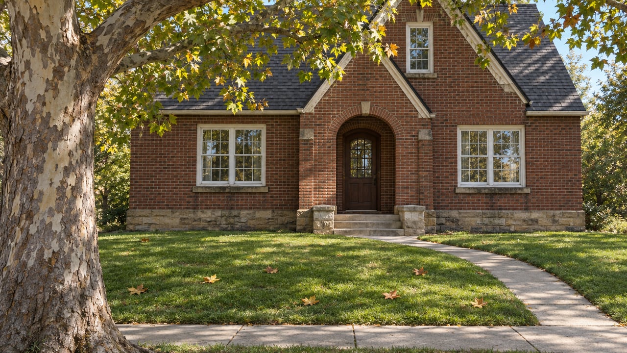 A mature sycamore frames a red-brick gabled home, sandstone entrance steps and deep green front lawn in early autumn sunlight.