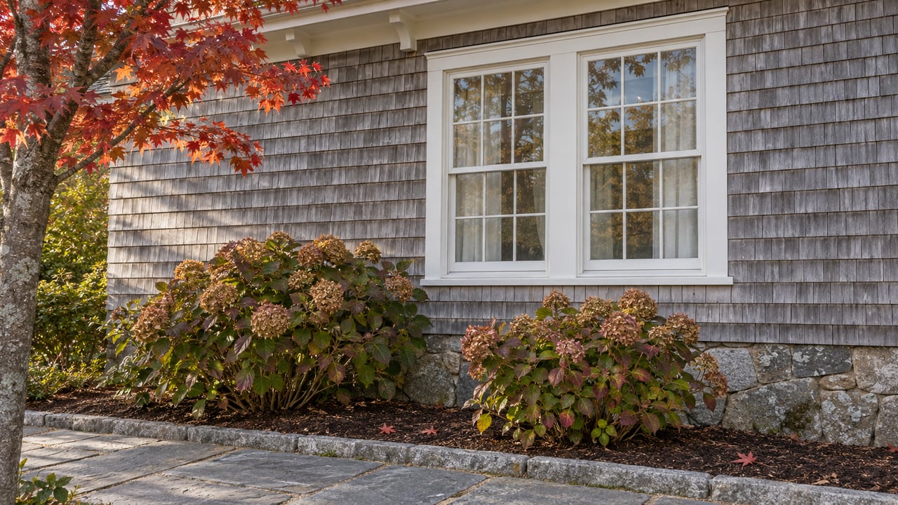 Weathered cedar house with white-trimmed sash windows above autumn hydrangeas and a granite-edged stone walk.