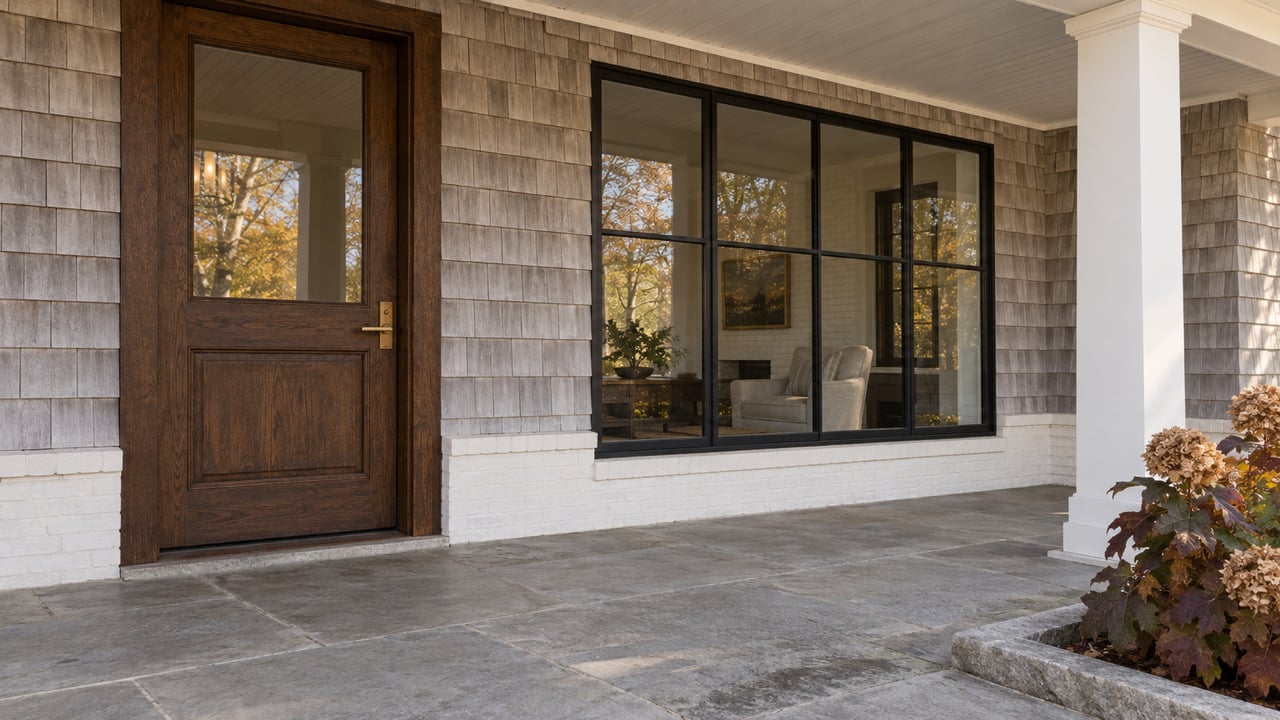 Covered entry with weathered cedar shingles, a dark oak door, steel-framed window and autumn oakleaf hydrangea beside a limestone porch.