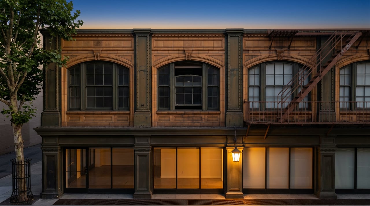 Historic loft facade with arched sash windows, terracotta panels, a diagonal fire escape, and a glowing storefront at dusk.