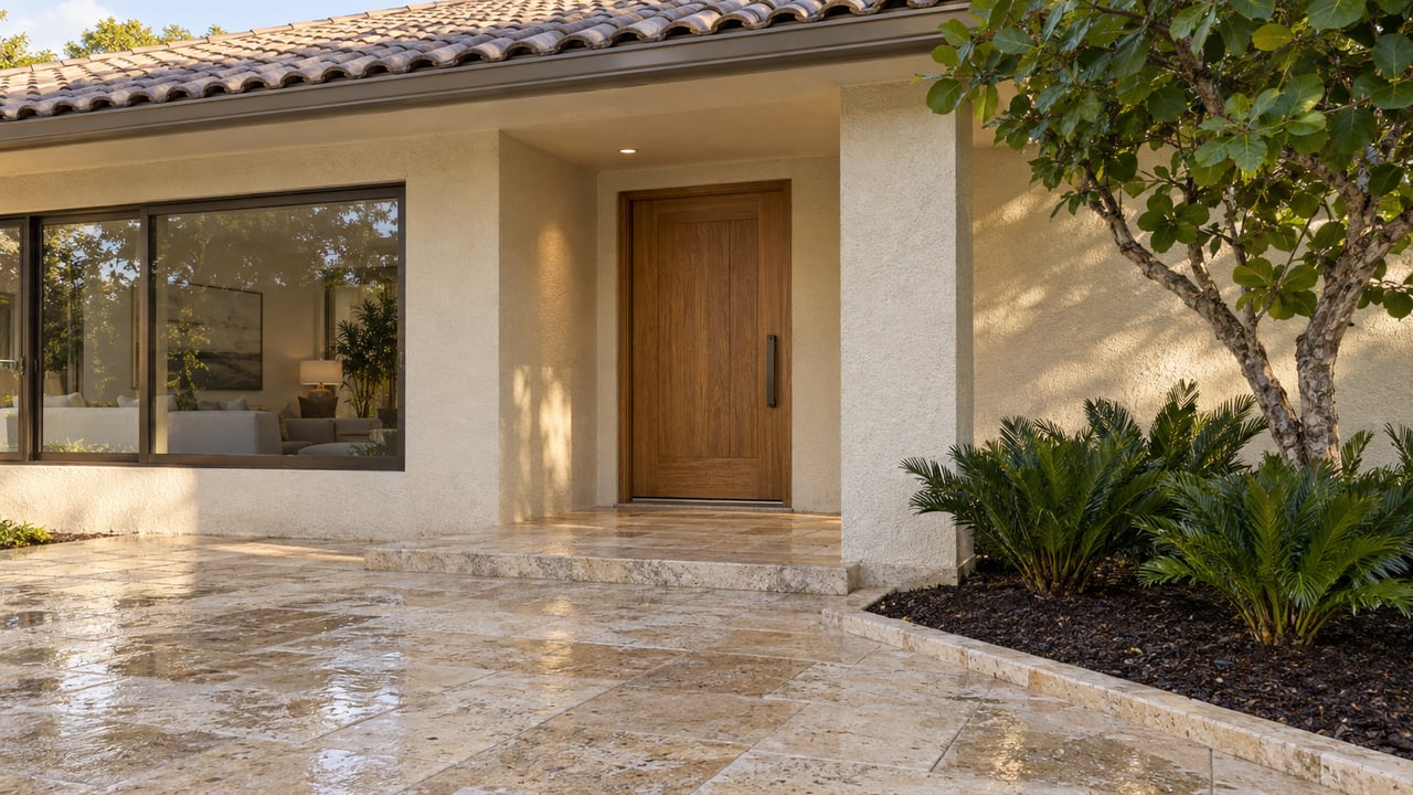 Sunlit covered entry of a cream stucco home with pale tile roof, oak door, limestone approach and sculptural native planting.