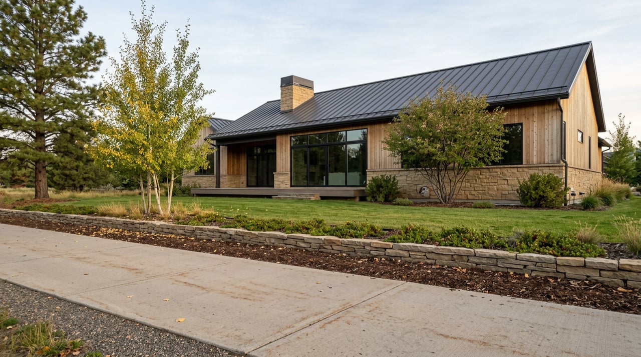 Contemporary home with a tall glass wall and stone chimney beyond a lawn, trees, and paved path.