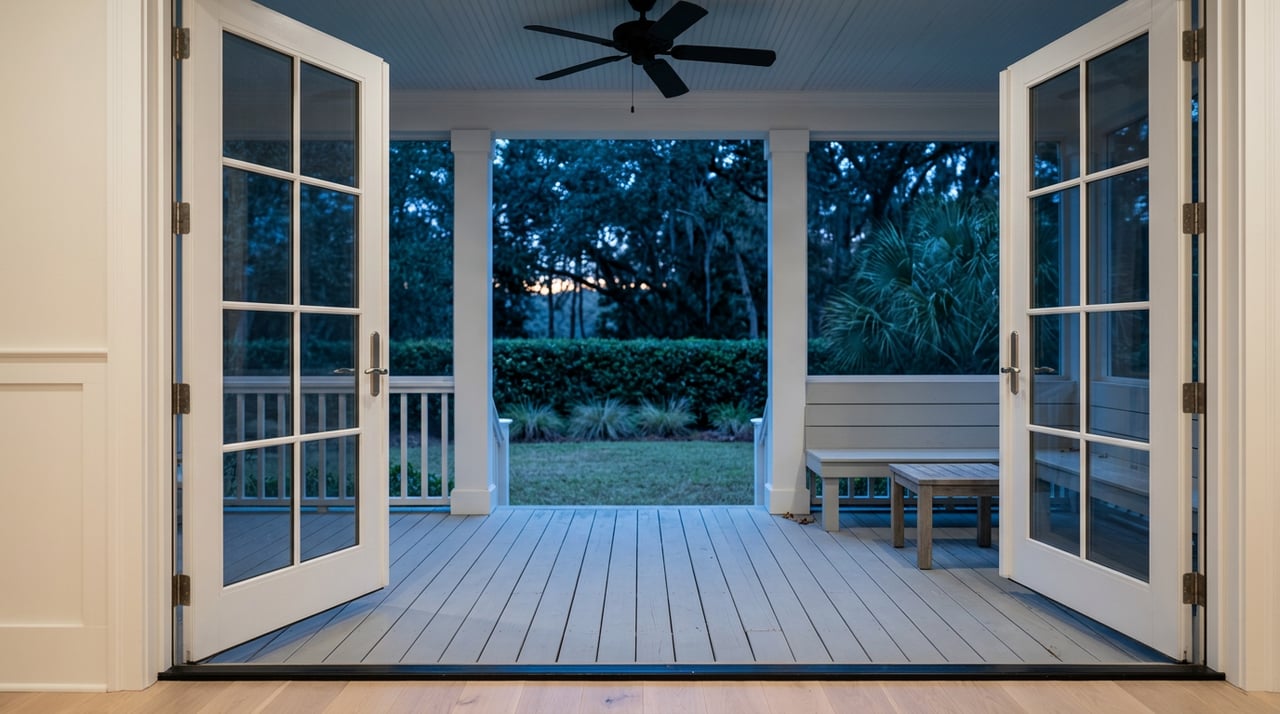 Open French doors frame a porch bench, dewy railing, and oak canopy beyond.