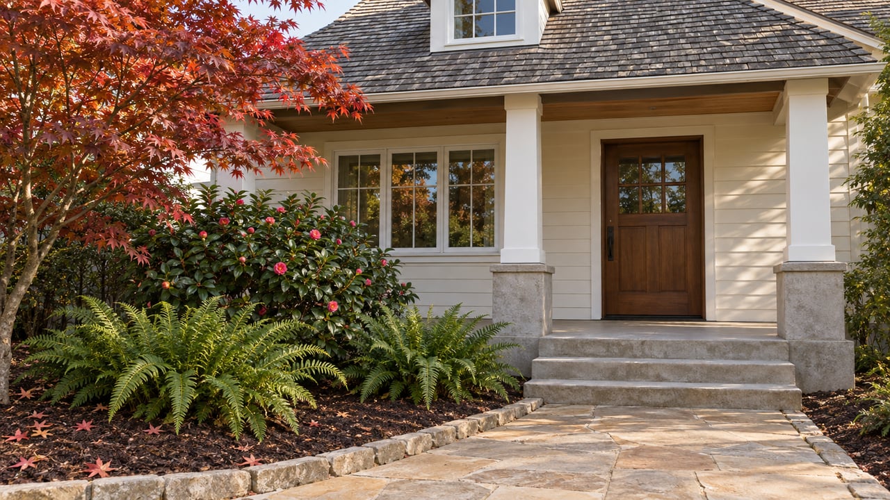 Cream-sided cottage porch with divided-light windows, sandstone approach and a red-leaved Japanese maple.