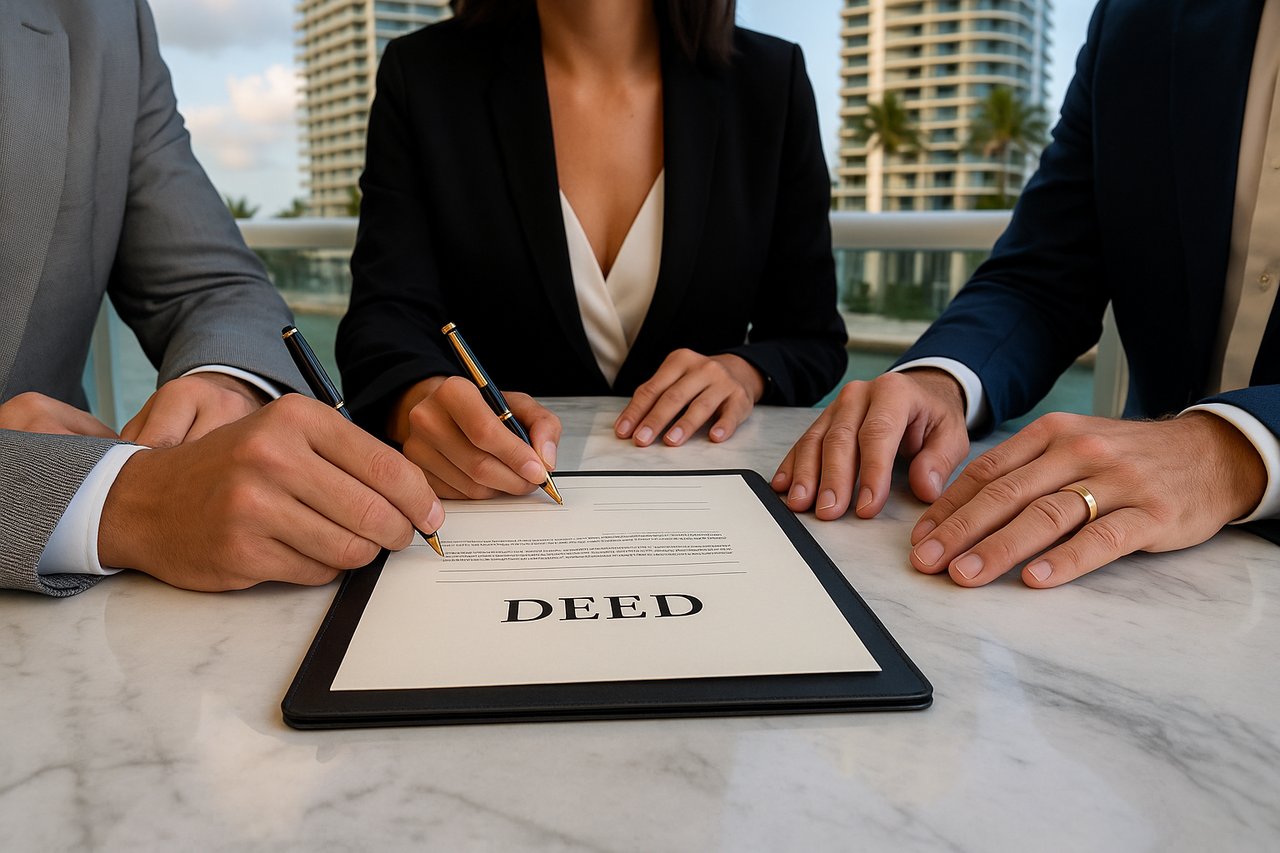 People signing a deed at a marble table beside modern high-rise buildings.