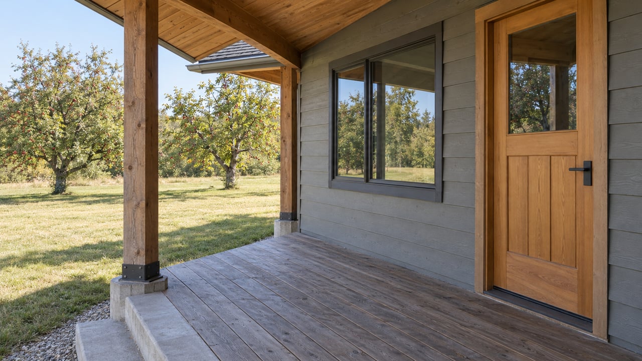 Weathered timber porch beside an earth-gray rural house, with a glazed wooden entry door and an autumn lawn extending to two apple trees.