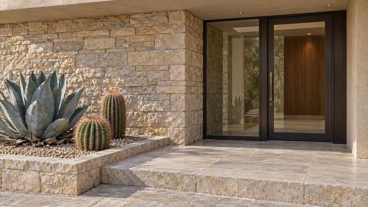 Low-angle close view of a desert-modern home entrance with limestone walls, bronze-framed glass and a raised planter containing an agave and two barrel cacti.