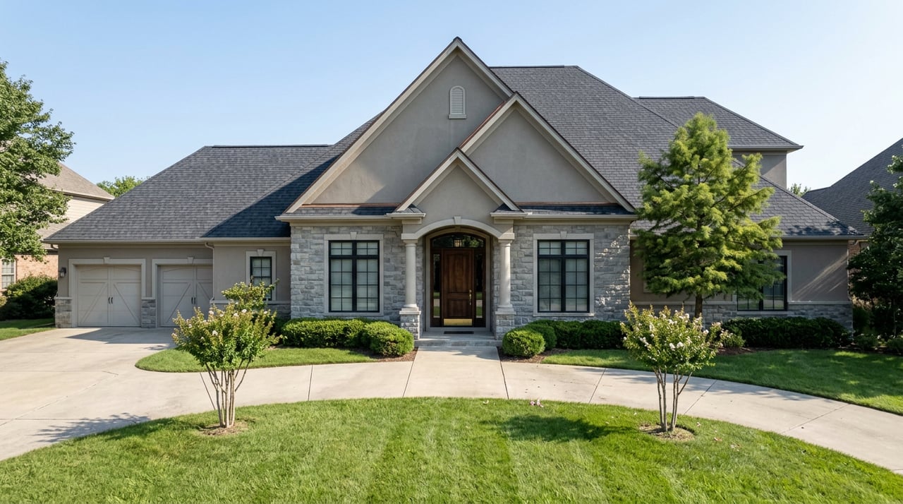 Two-story stone and stucco home with a columned entry, three-car garage, curved drive, and broad lawn.