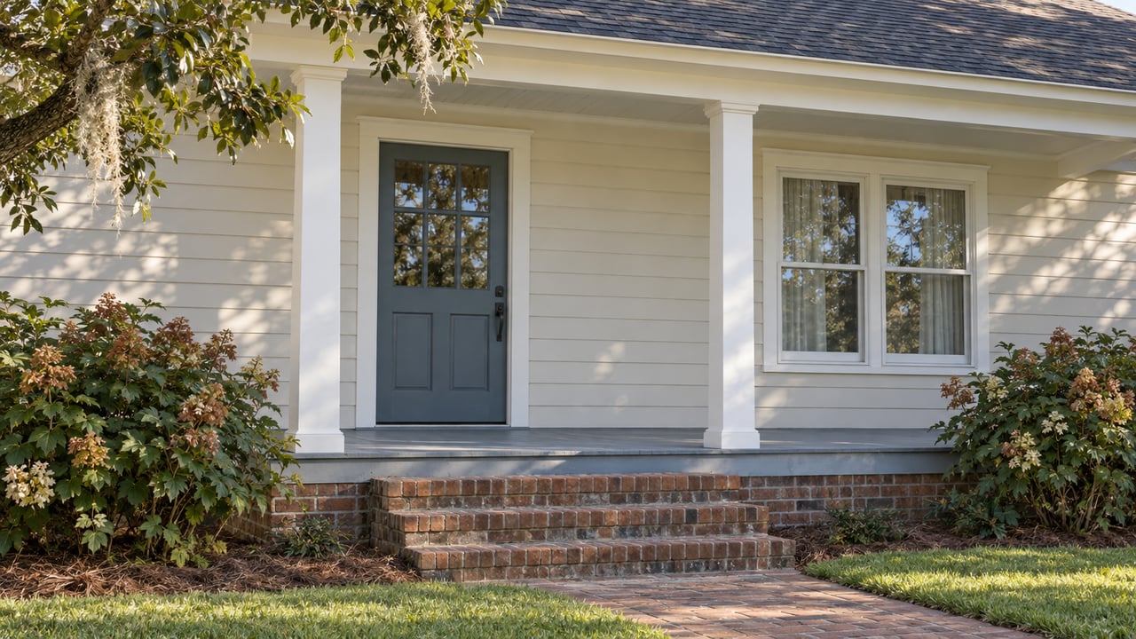 Ivory-sided home with a shaded front porch, blue-gray decking, brick steps and oakleaf hydrangeas in late-afternoon light.
