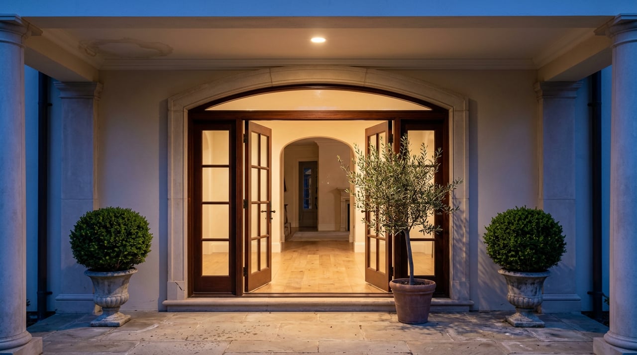 Open French doors reveal a warmly lit foyer, flanked by boxwood urns and an olive tree on a stone portico.