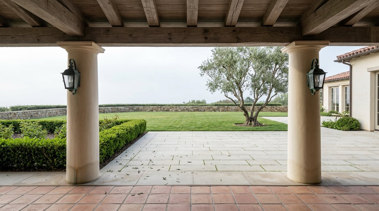 Stucco-columned loggia opens onto a limestone terrace, lawn, olive tree, and low stone retaining wall.