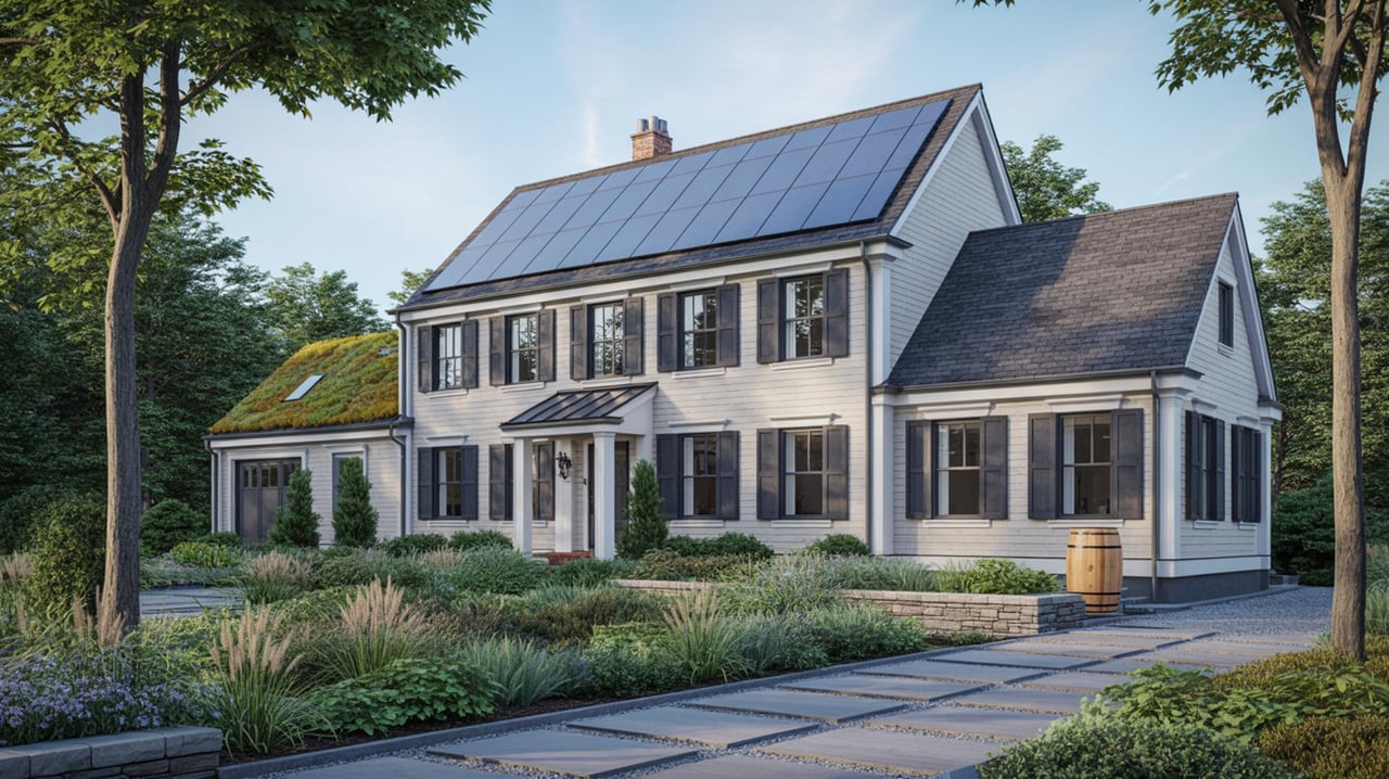 White two-story house with a large rooftop solar array, dark shutters, and a landscaped stone path.