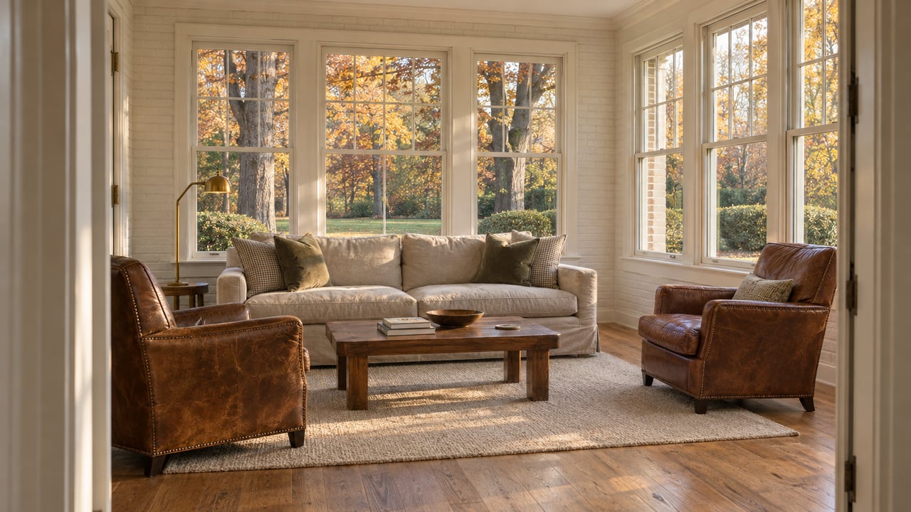 Warm painted-brick sunroom with linen sofa, leather armchairs and oak flooring overlooking mature autumn oaks.
