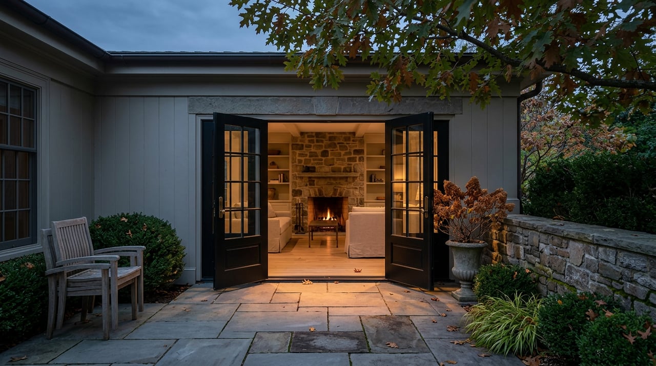 Open French doors reveal a fieldstone fireplace with a low fire, beyond a bluestone patio beneath red oak branches.