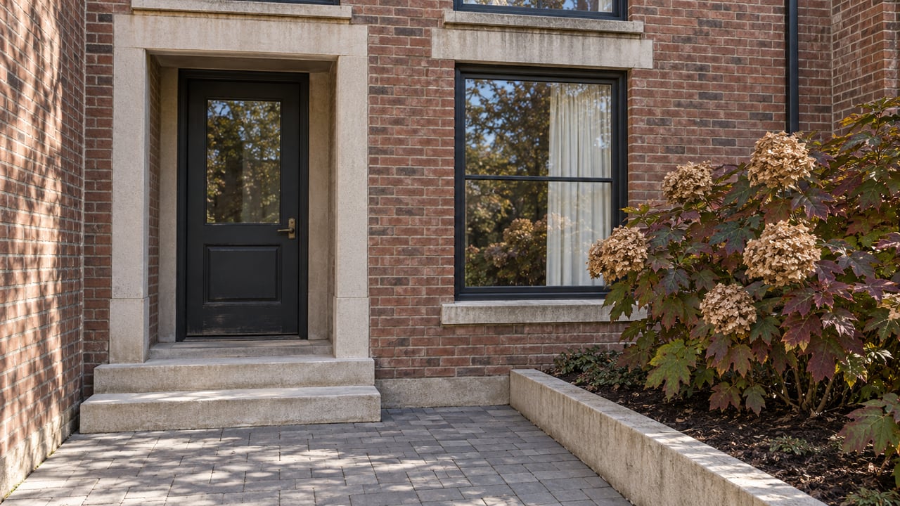 Brick townhome entry with a charcoal door, limestone steps, tall black-framed window, and autumn oakleaf hydrangea.