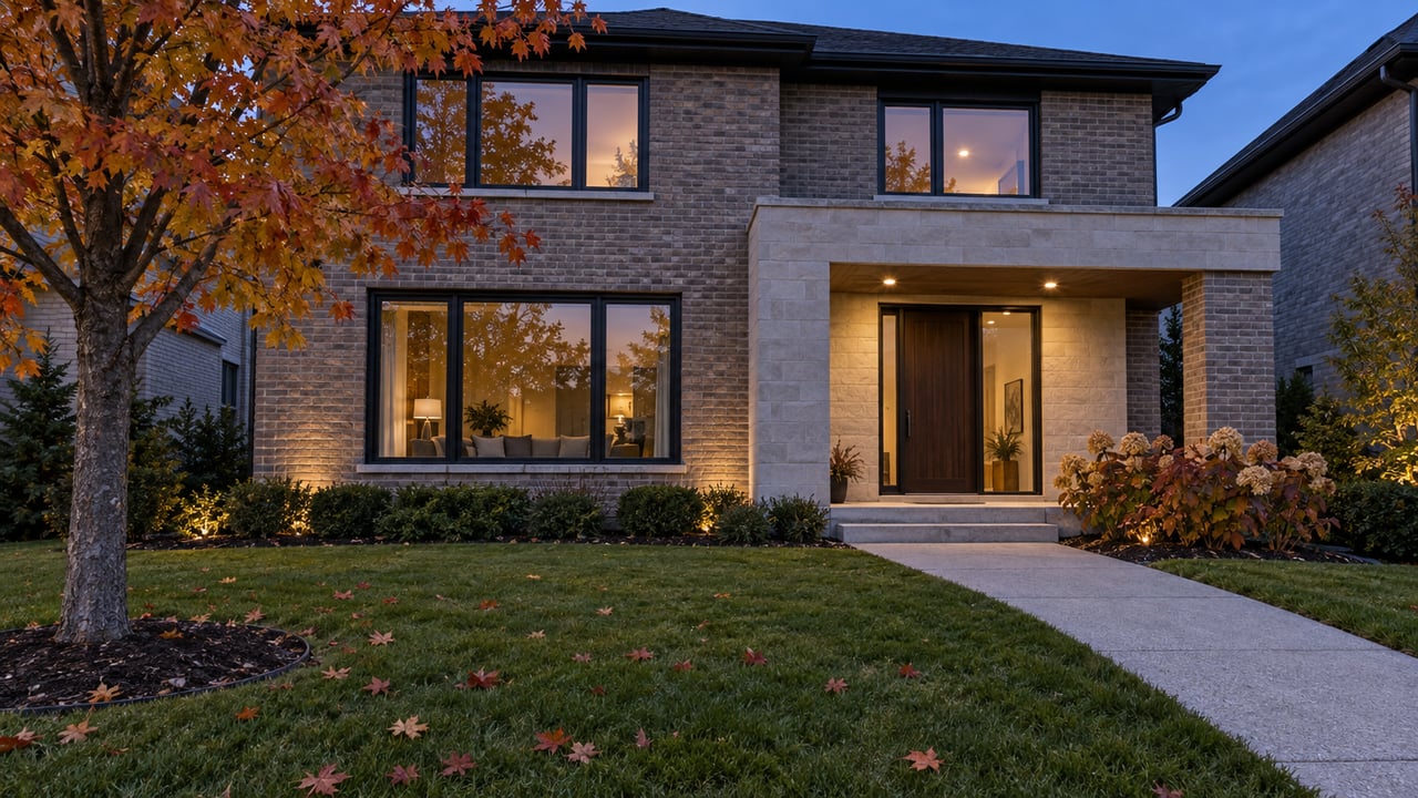 Two-story brick home at dusk with a warm sheltered entrance, deep front lawn, and an amber sugar maple.