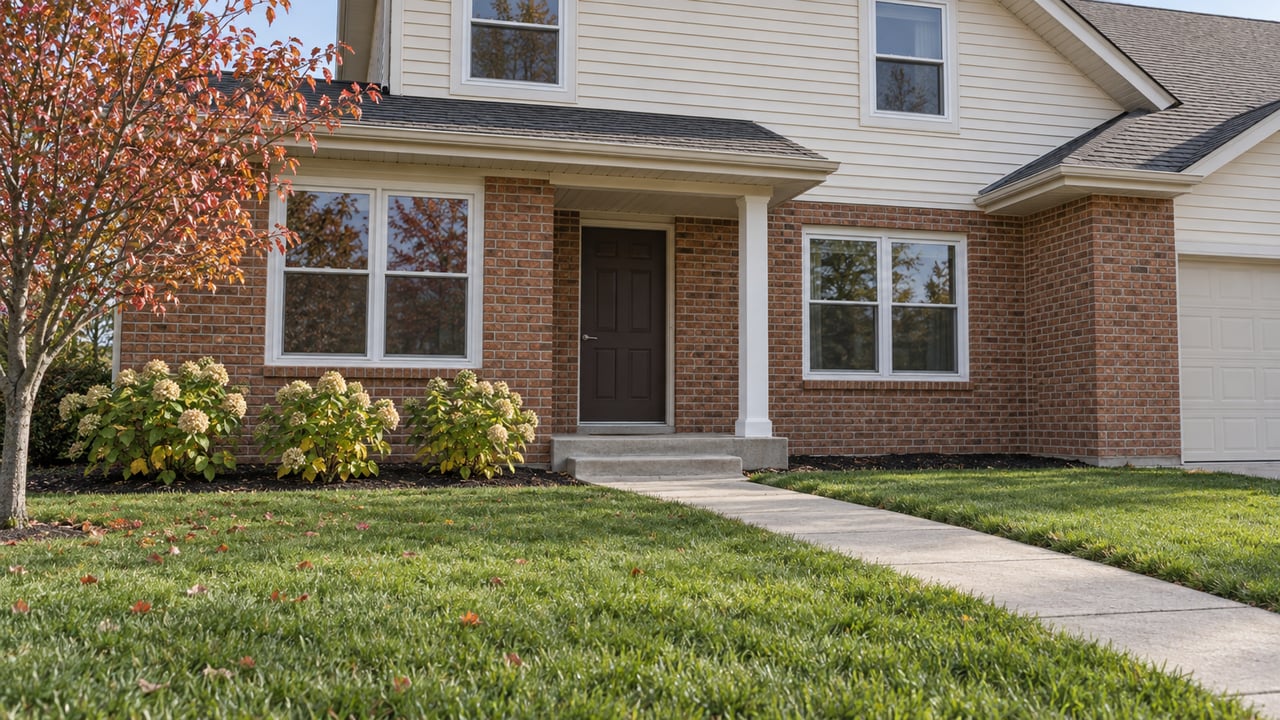 Brick-and-cream-sided home beyond a broad green lawn, with a concrete front walk, covered entry and rust-colored serviceberry leaves.