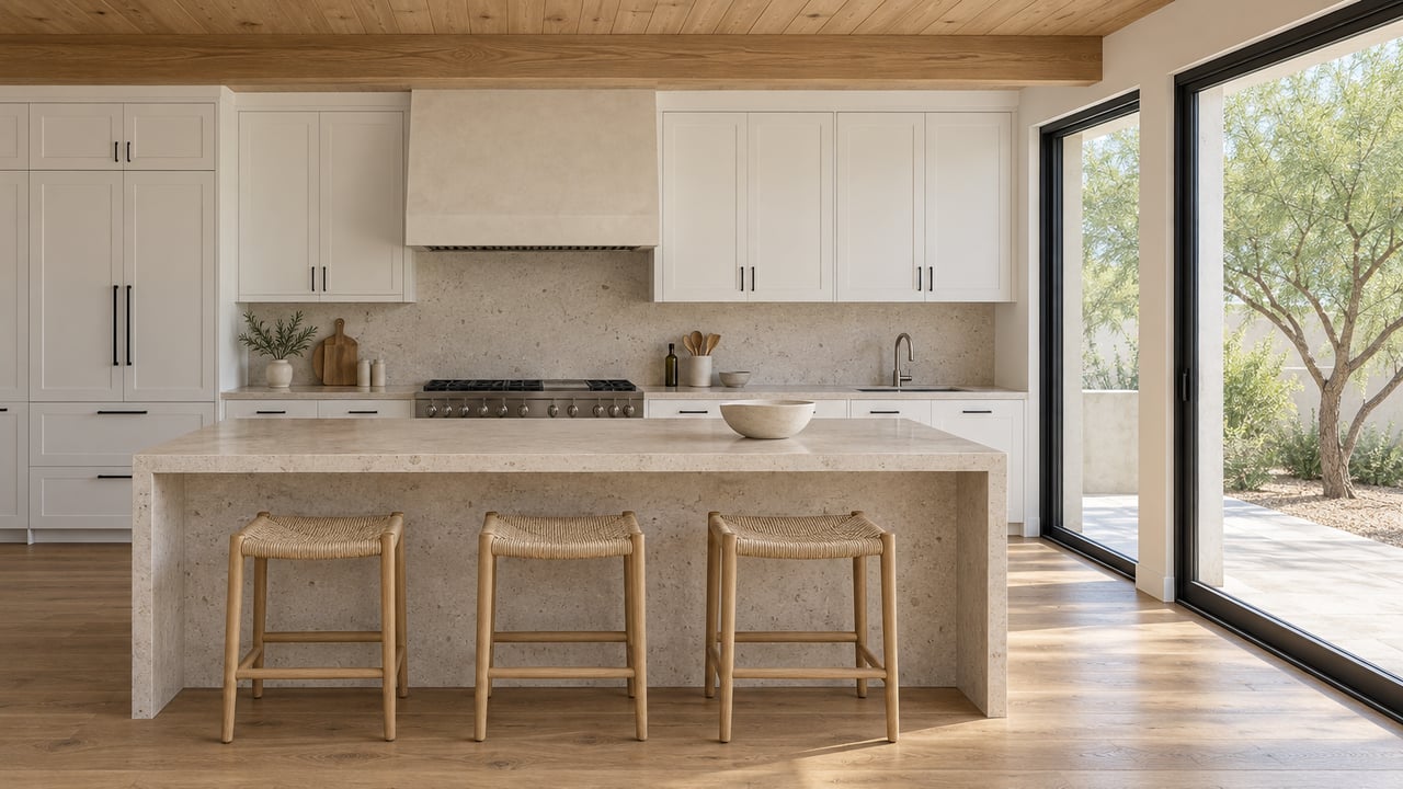 Open-plan kitchen with white shaker cabinets, stone island, three oak stools, and glass doors overlooking a terrace tree.
