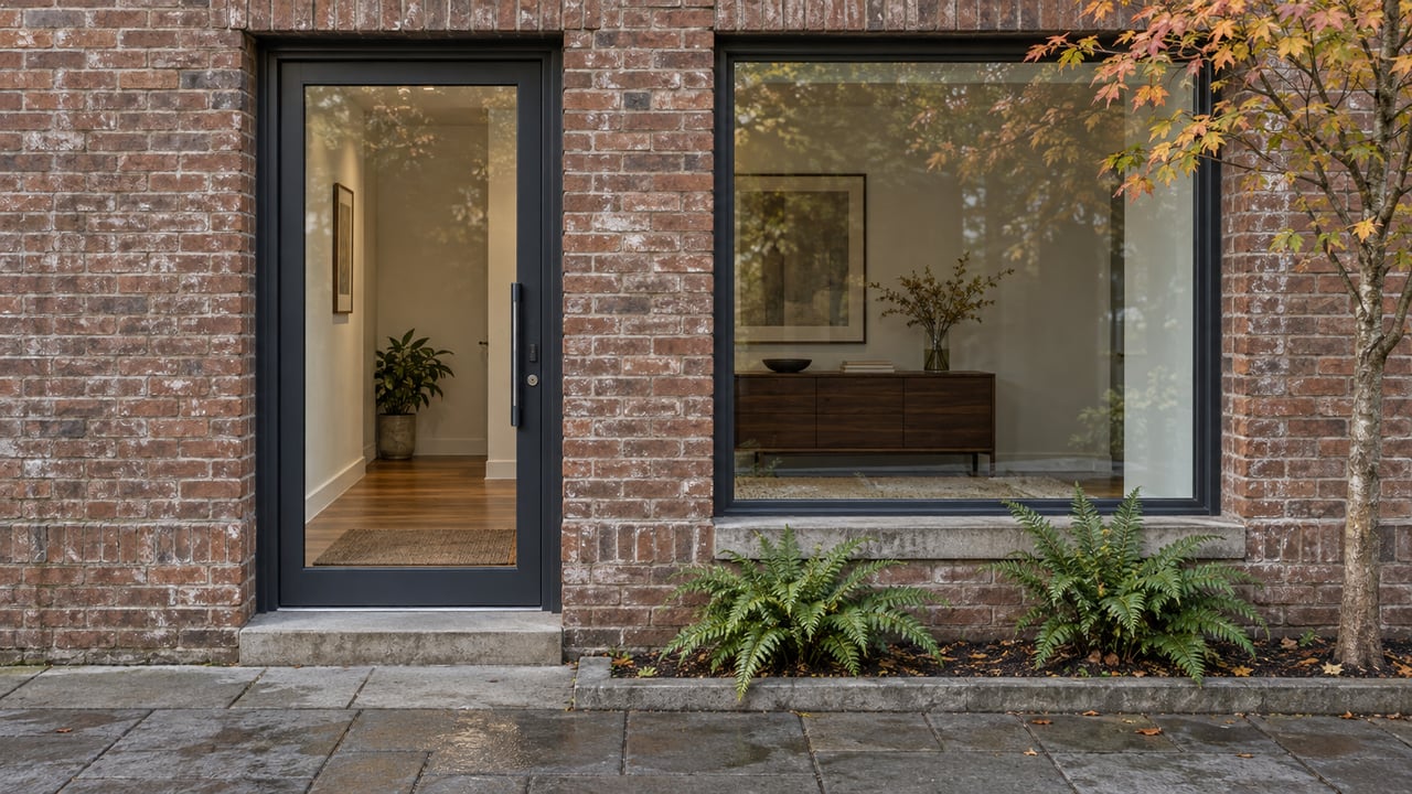 Brick residential facade with a glazed entry, large window, narrow planted strip, and rain-darkened pavement.