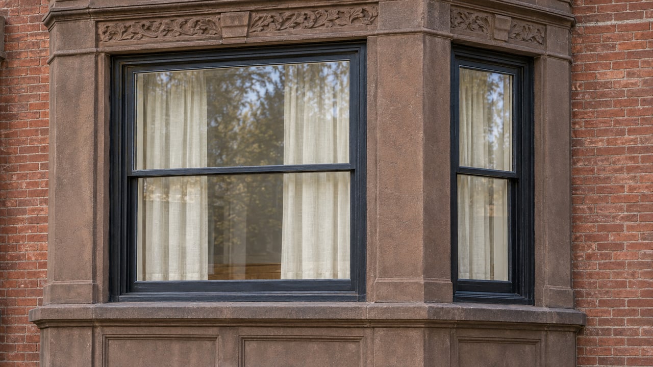 Close view of a projecting red-brick bay with carved brownstone trim and dark timber sash windows.