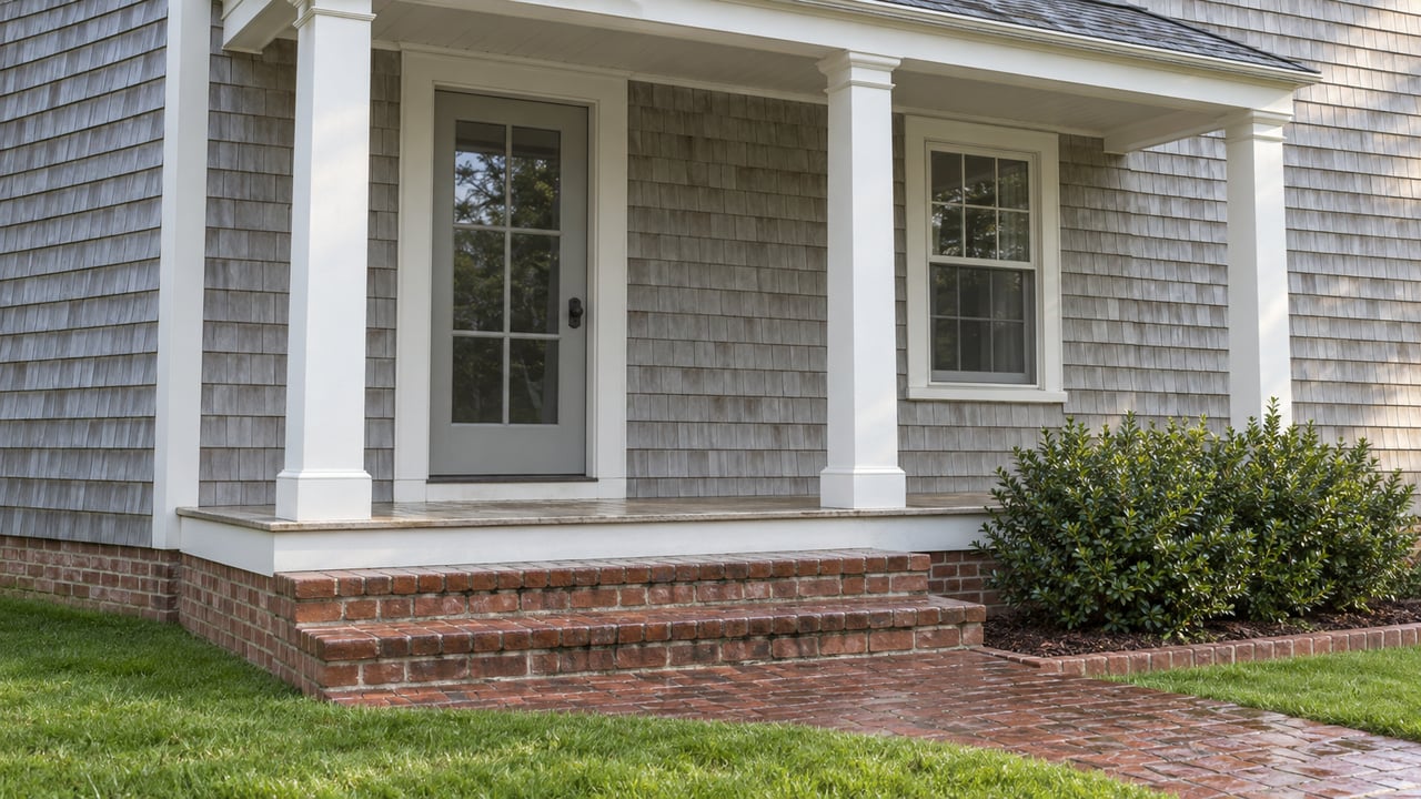 Enclosed house porch with two square columns, brick steps, a glazed door, and a small inkberry shrub.