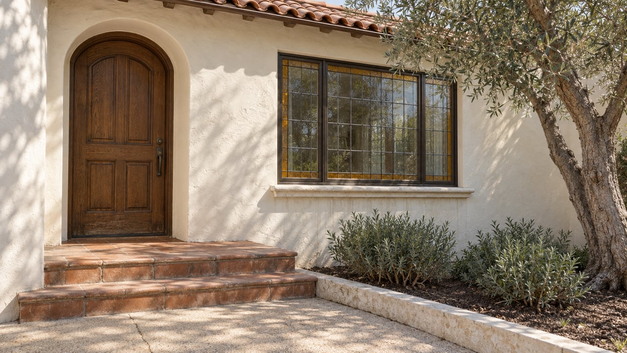 Spanish-style home entrance with an arched wooden door, terracotta steps, and leaded-glass window.