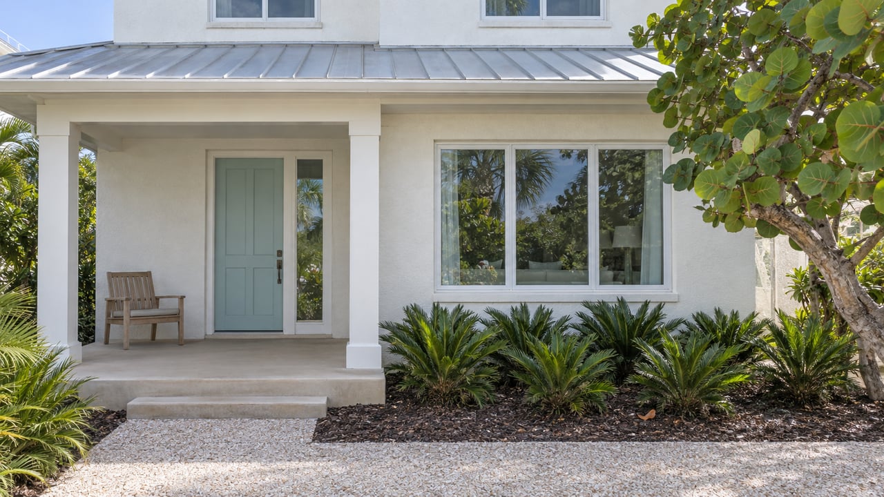 Light stucco coastal home with a silver metal roof, pale aqua front door, shaded porch and sculptural sea-grape planting.