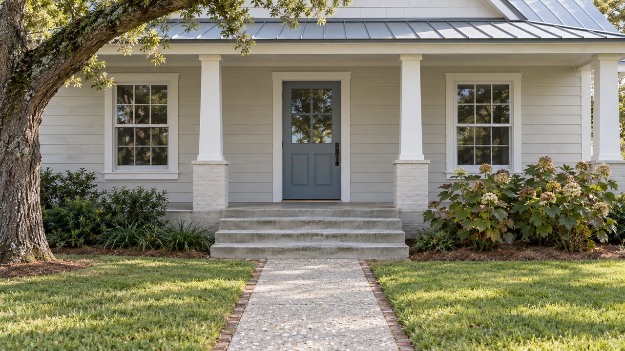 An oyster-painted coastal home with a shaded veranda, blue-gray entry door, broad concrete steps and a shell-aggregate walk through lawn.