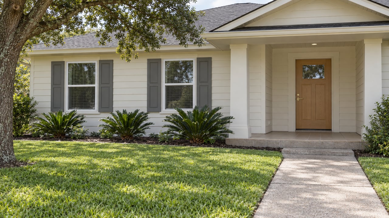 A white gabled family home with gray shutters, a sheltered front door and a concrete approach across a broad green lawn.