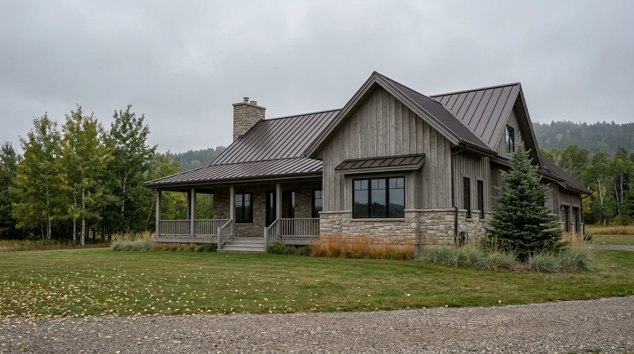 Two-story timber-and-stone house with a covered deck, set beyond a gravel drive and broad lawn among trees.