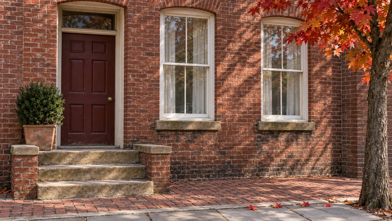 Autumn light on a red-brick rowhouse entry with an oxblood door, tall sash windows and worn sandstone steps.