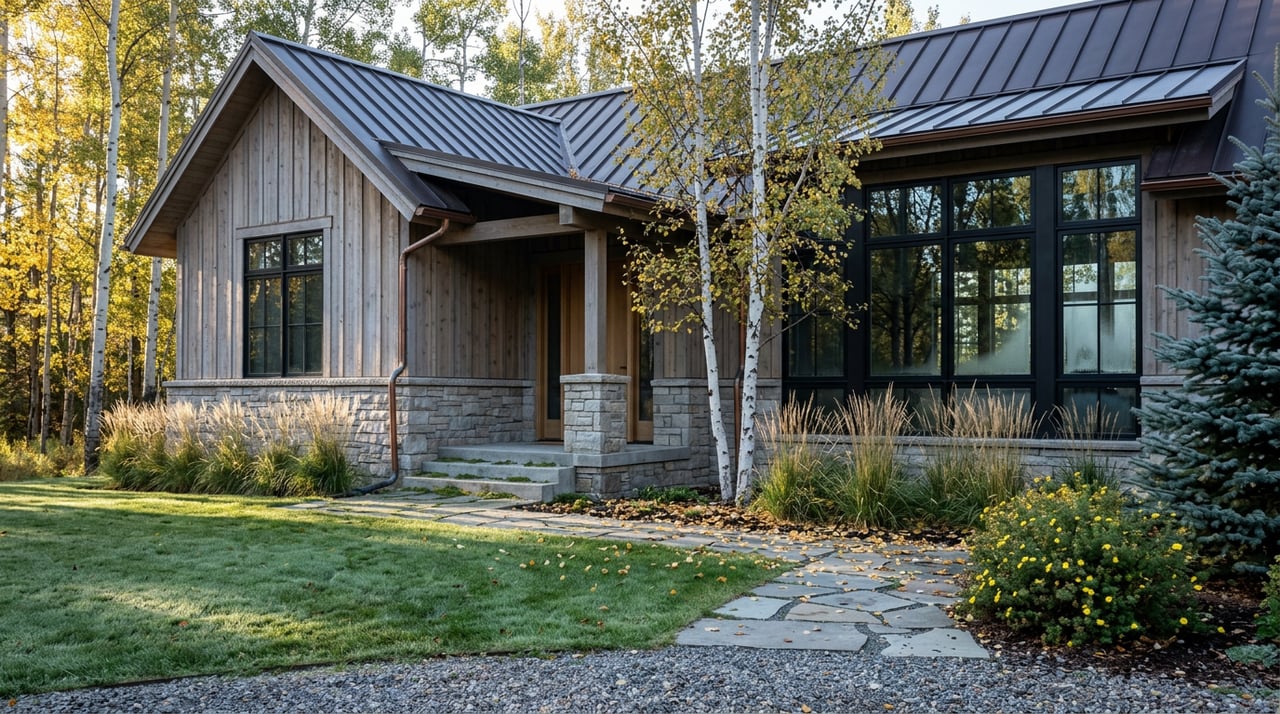 Stone-and-cedar home with a dark metal roof, flagstone walkway, and golden birch and aspen trees.