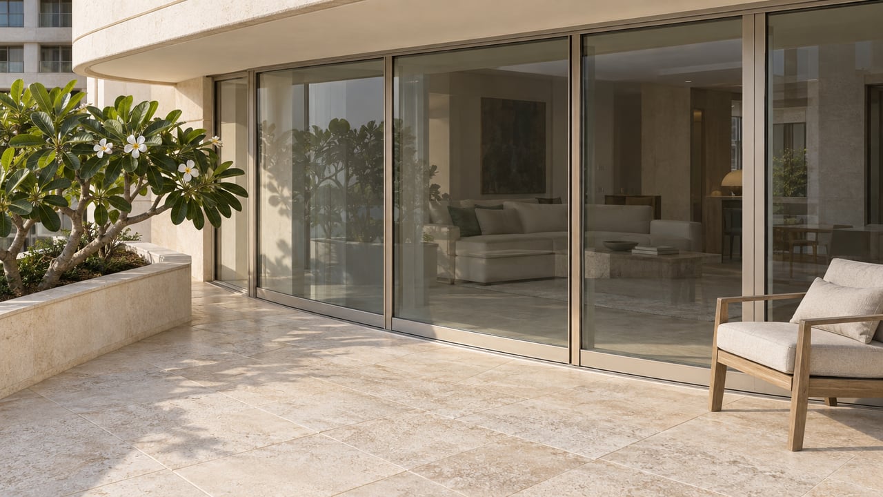 Curved cream balcony architecture above a limestone terrace, with closed glass doors, a teak lounge chair and a flowering frangipani in a raised stone planter.