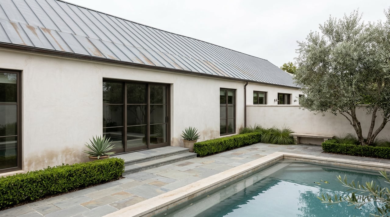 Rear terrace and pool beside a warm-white home, with an olive tree and clipped hedge.