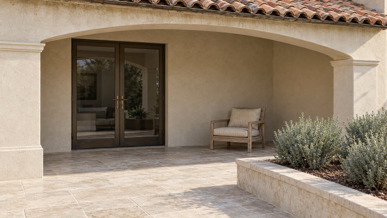 Warm stucco loggia with a clay tile roof, closed bronze-framed glass doors, a teak chair and a limestone terrace beside silver-leaved sage.